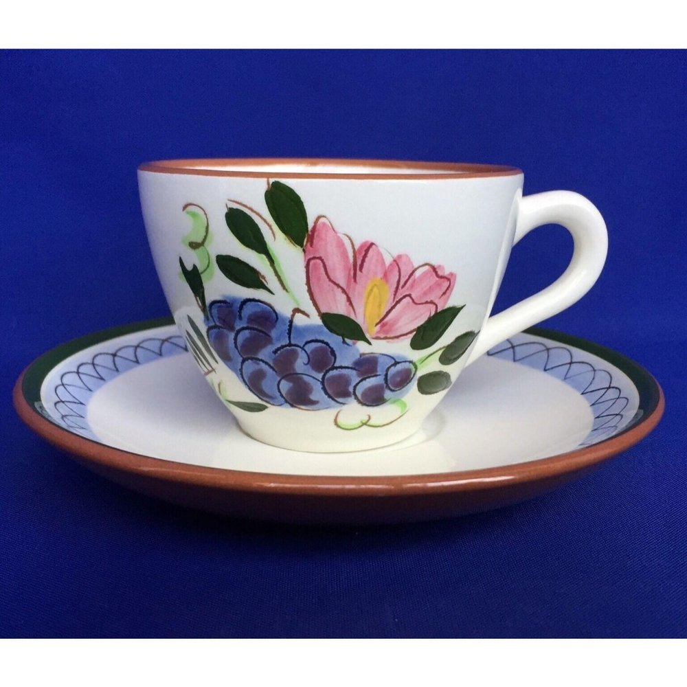 Stangl Cup & Saucer Ceramic White Floral Fruit & Flowers Hand Painted Vintage OS